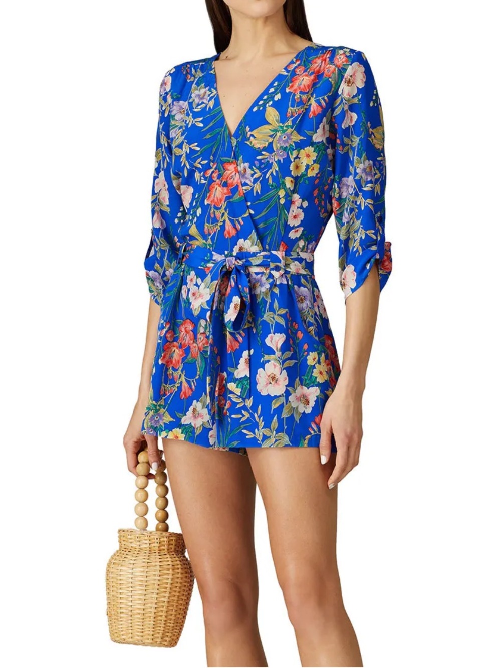 Yumi Kim Large Liz Romper in Eden Royal Blue Floral Tie Waist Georgette V Neck